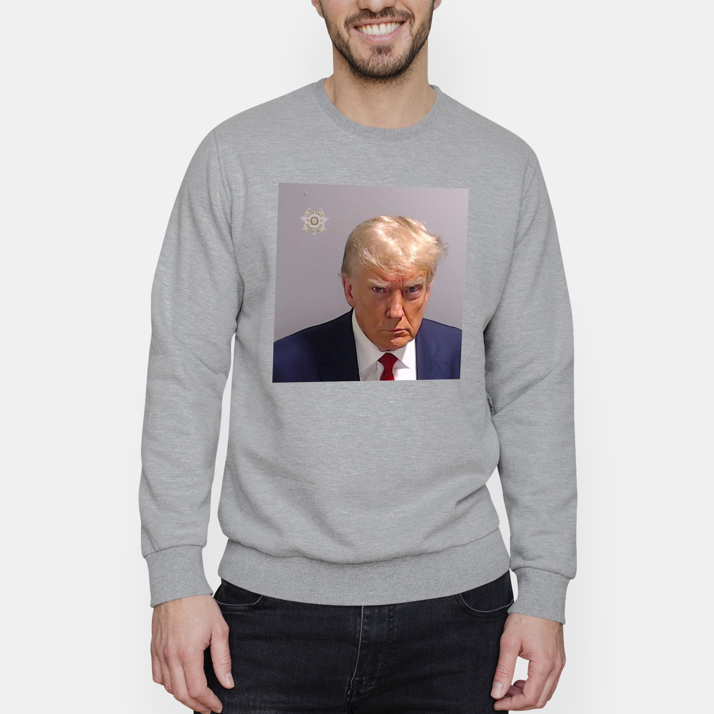 Donald Trump Mugshot Jail Headshot TRUMP 2024 Sweatshirt Funny Fake News Jumper Kids 11 13 Yrs Blend Grey