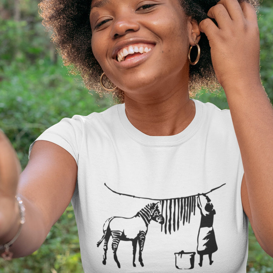 Banksy Zebra T-shirt Retro Vintage Tee Painting Stripes Washing Zebra Stripes On Washing Line Graphics Tshirt Gift for him her