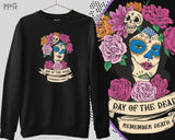 Halloween Death Day Jumper, Dia De Los Muertos Costume Sweater, Day of the Dead Horror Sweatshirt Sugar Skull Flowers Goth Mexican Skull