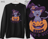 Happy Meoween Jumper, Funny Halloween Witches Cat in Witch Hat Sweatshirt Spooky Scary Witchcraft Sweater for Cat Owner/Lover Halloween Gift