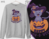 Happy Meoween Jumper, Funny Halloween Witches Cat in Witch Hat Sweatshirt Spooky Scary Witchcraft Sweater for Cat Owner/Lover Halloween Gift