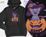 Happy meoween hoodie halloween witch cats cute halloween animal Unisex funny halloween pumpkin cat in witch hat halloween costume hoody gift