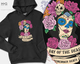 Halloween death day hoodie, dia de los muertos costume hoody, day of the dead horror jumper classic sugar skull flowers gothic witch skull